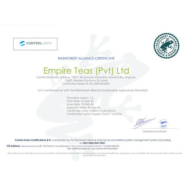 Rainforest Alliance  - Endorsement Certificate