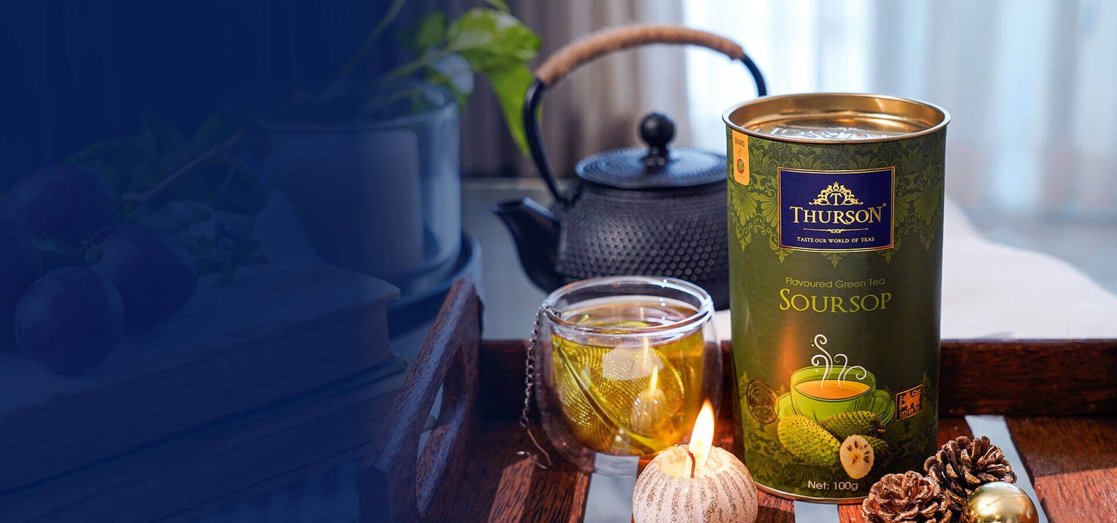 Green Tea Soursop packaging with Ceylon green tea and soursop fruit.